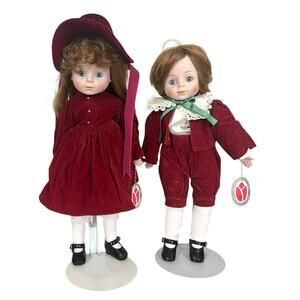 Delton Product Corp Christmas Porcelain Doll Set Boy Girl Red Velvet 14”